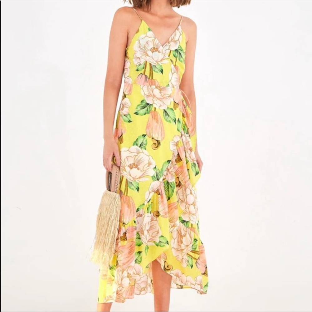 NWT Farm Rio Floral Cashew Wrap Dress with Tassels